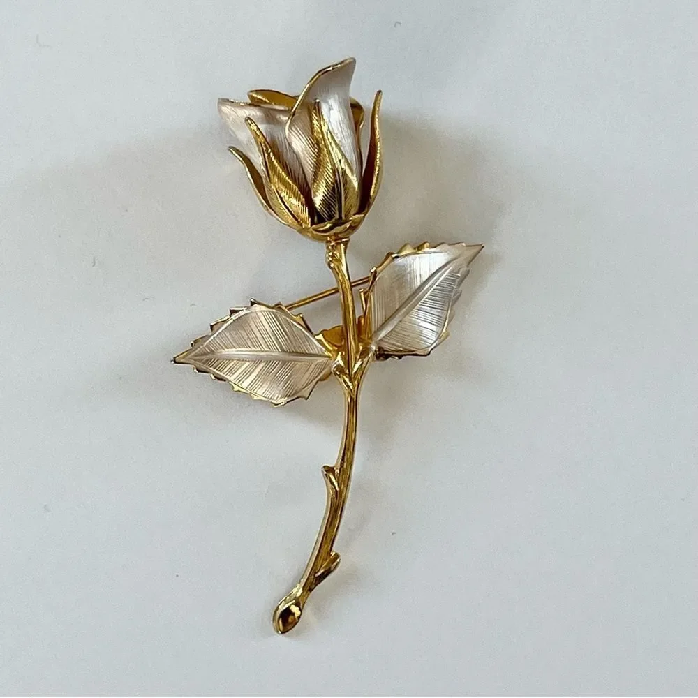 Vintage Two Tone Silver Gold Tone Rose Brooch